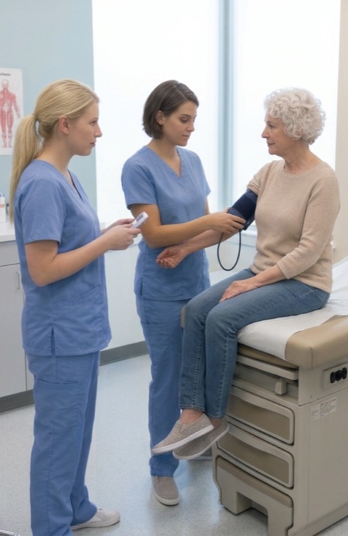 Nurses taking a patient’s blood pressure